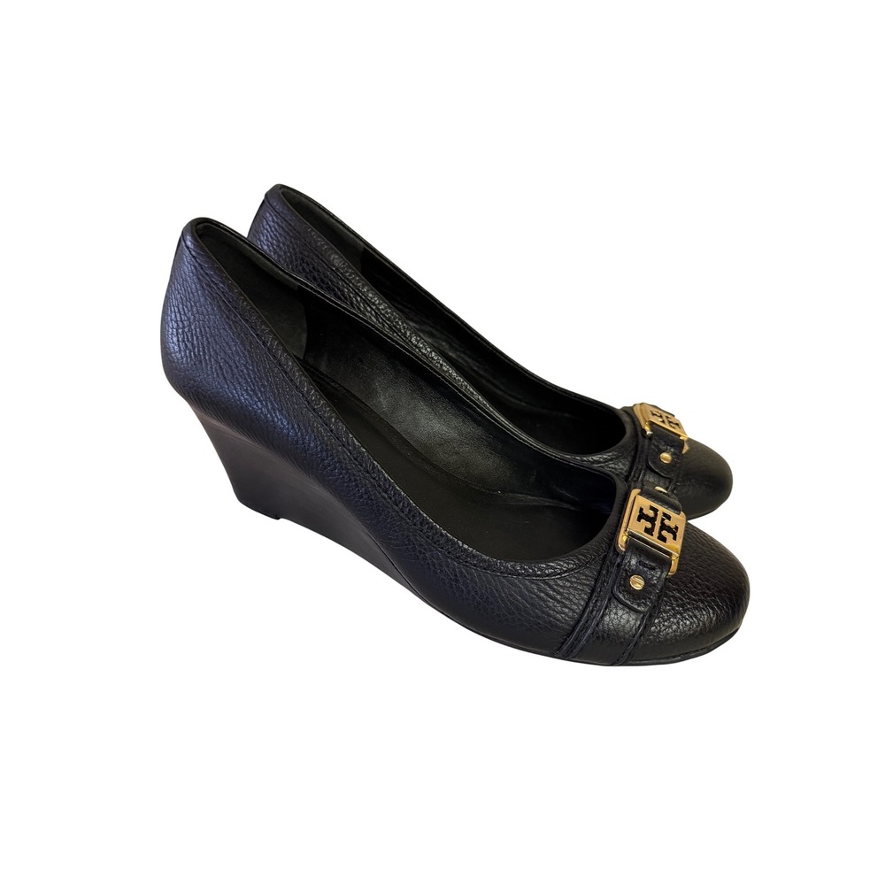 Tory Burch Leather Wedge Heels Women 9 Black Gold Logo Logo Buckle